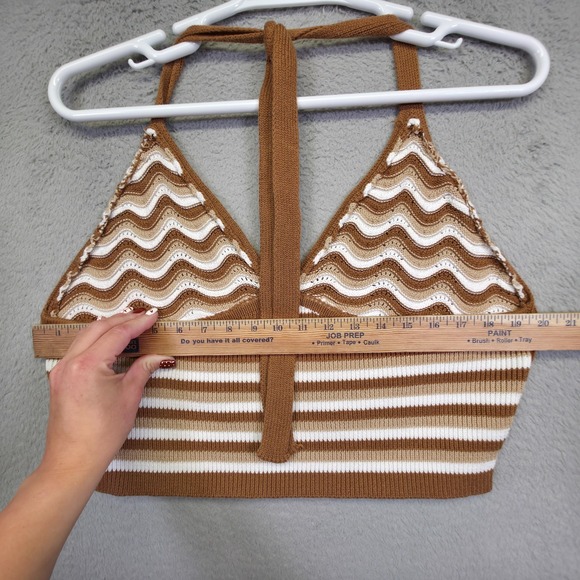 Y2K Crochet Halter Top Juniors 2X Brown White Knit Striped Cropped Boho Festival - Picture 5 of 9